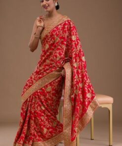 Red Swarovski Semi Crepe Designer Saree
